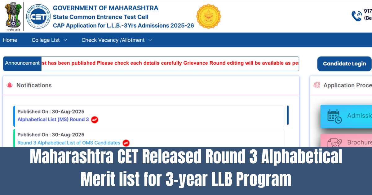 MH CET Law 2025: Maharashtra CET Released Round 3 Alphabetical Merit list for 3-year LLB Program; Details Here